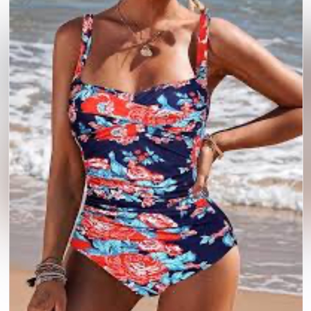 Women One Piece Swimsuit Tummy Control Bathing Suit Orange White Ruched M
